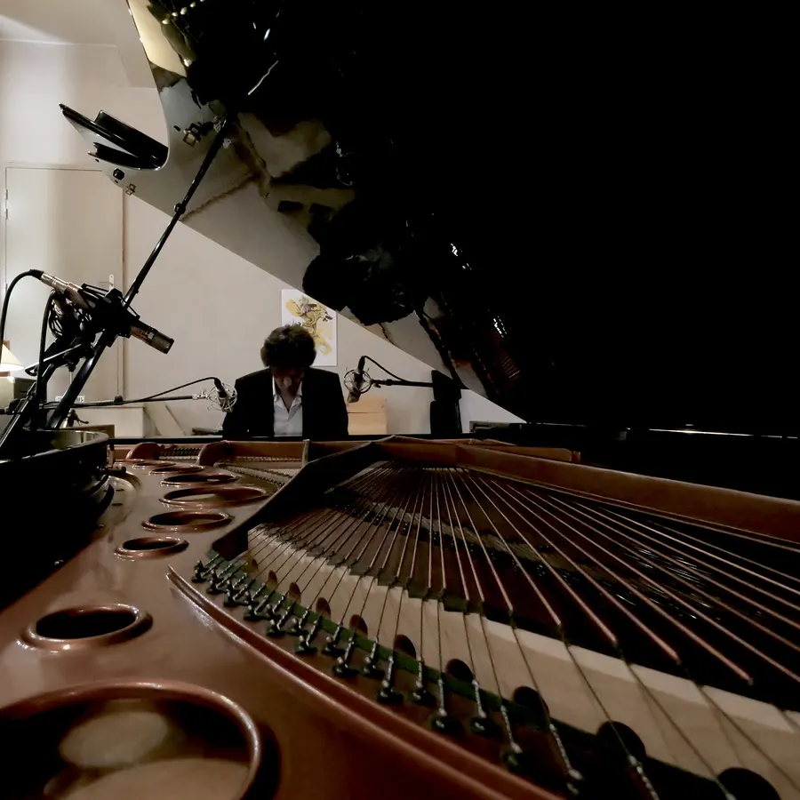 Pianist seen from inside a grand piano