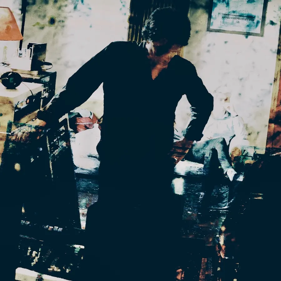 Dark silhouette in a cluttered, colourful studio